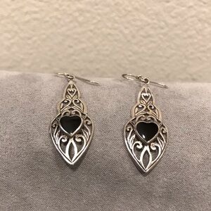Elegant Silver and Black Heart Earrings